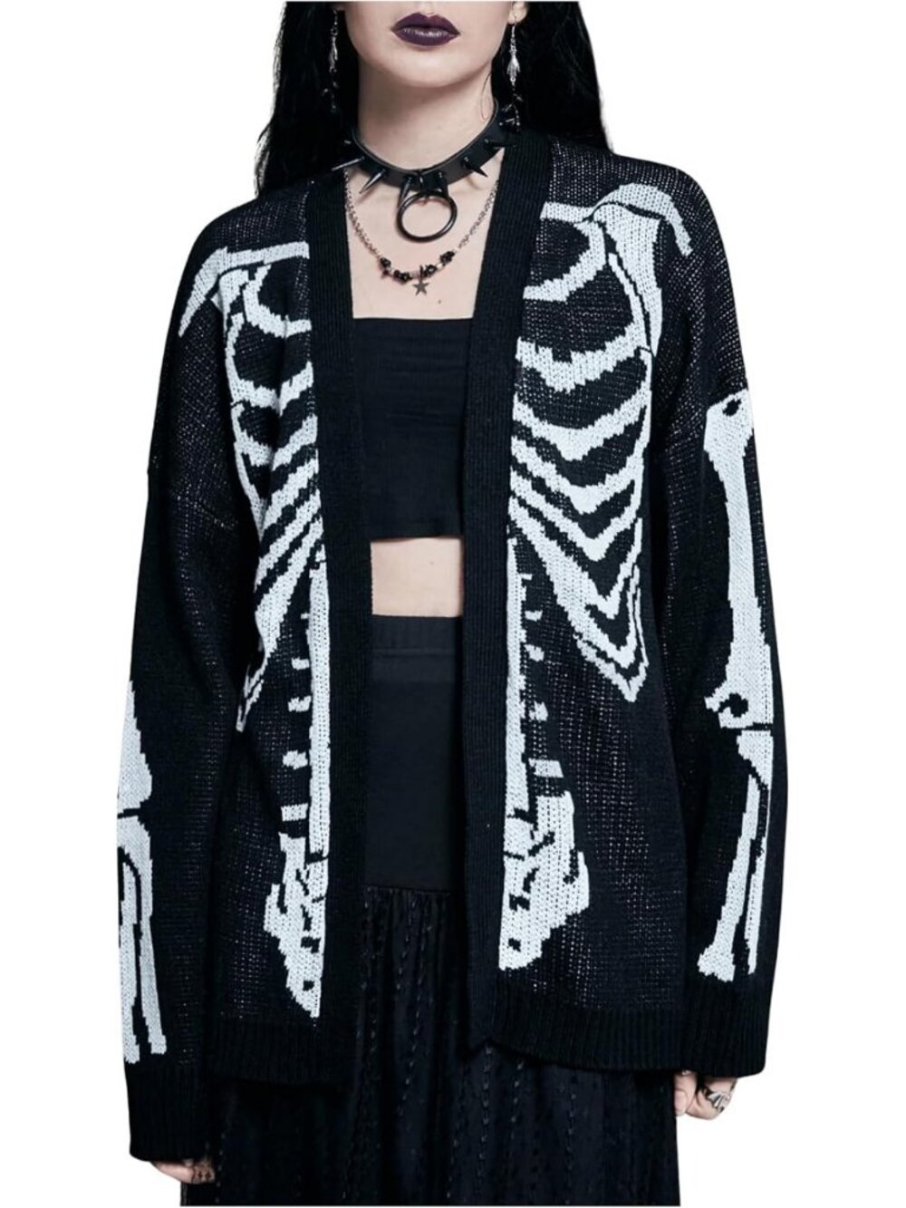 Gothic Skeleton Graphic Cardigan Sweater - Open Front, Long Sleeve, Cozy